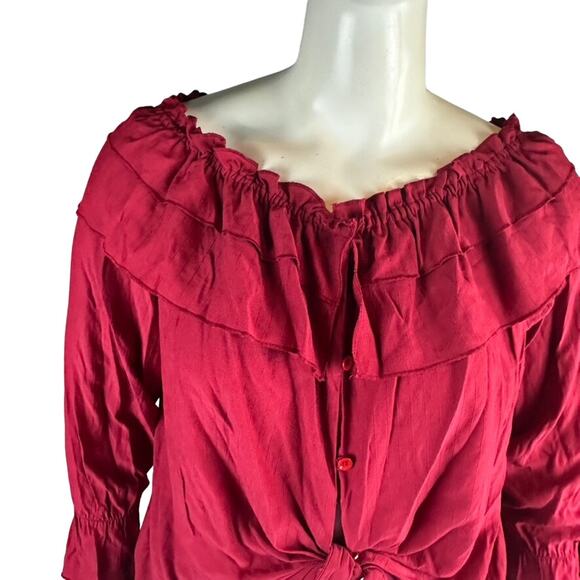 Elliott & Vine Womans Sz 2X Plus Blouse Maroon Ruffle Knotted Button Front - Picture 4 of 7